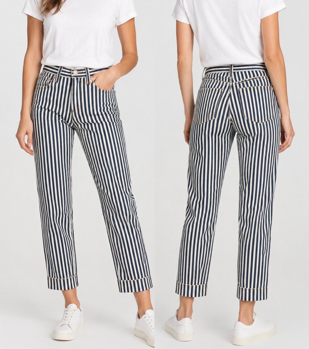 Rag & Bone Vintage Straight Jeans Indigo Stripe Women’s 26 Blue Cream $295